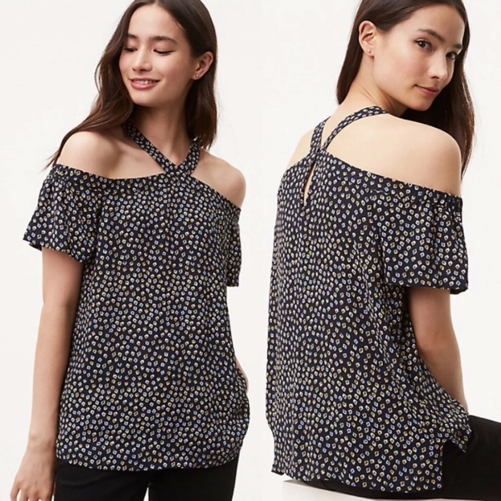 LOFT XS Diamond Cold Shoulder Top Crossover Neck